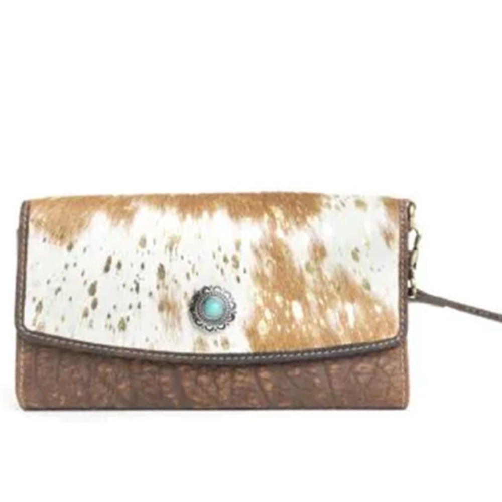 Elegant Brown and Cream Clutch with Turquoise Accent (Myra?)